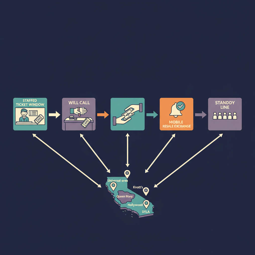 Isometric infographic showing verified same‑day ticket channels for LA haunted attractions with icons linked to a small LA