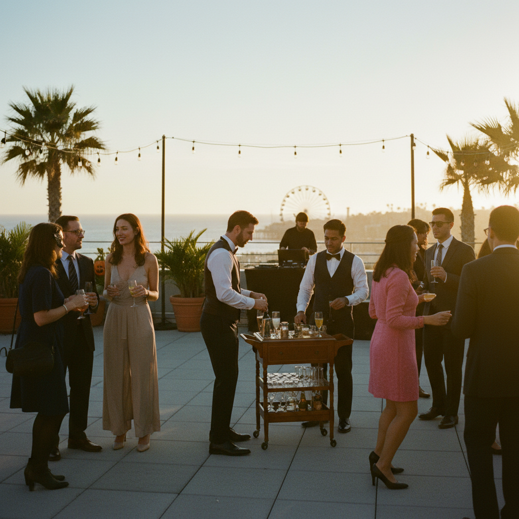 Diverse crowd in boutique Halloween costumes mingling on a Santa Monica rooftop at sunset with the pier and palm trees beyond