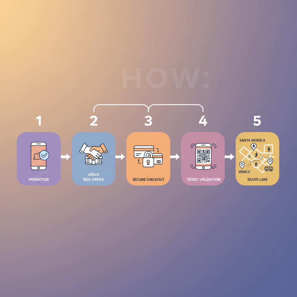 Isometric diagram of steps to verify last-minute Halloween tickets with icons for promoter socials, box office, secure