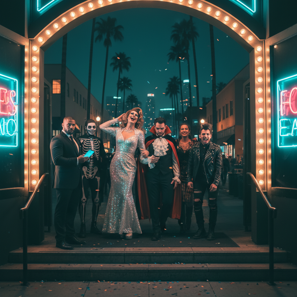 Masked and costumed clubgoers queue at a neon-lit Hollywood nightclub entrance as a bouncer scans a phone for verification