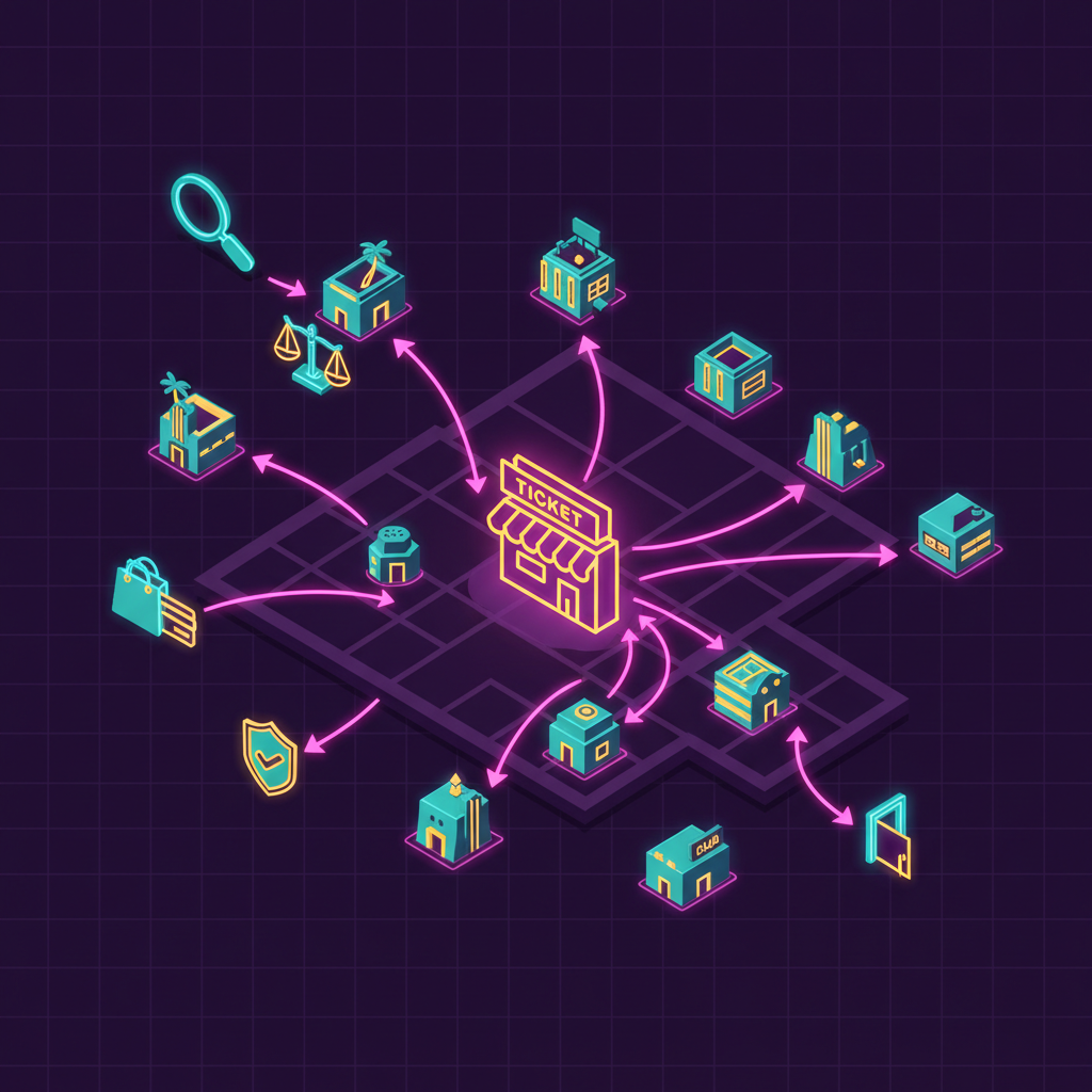 Isometric map of Hollywood/West Hollywood showing club icons, ticket marketplace, arrows to a verified-ticket shield