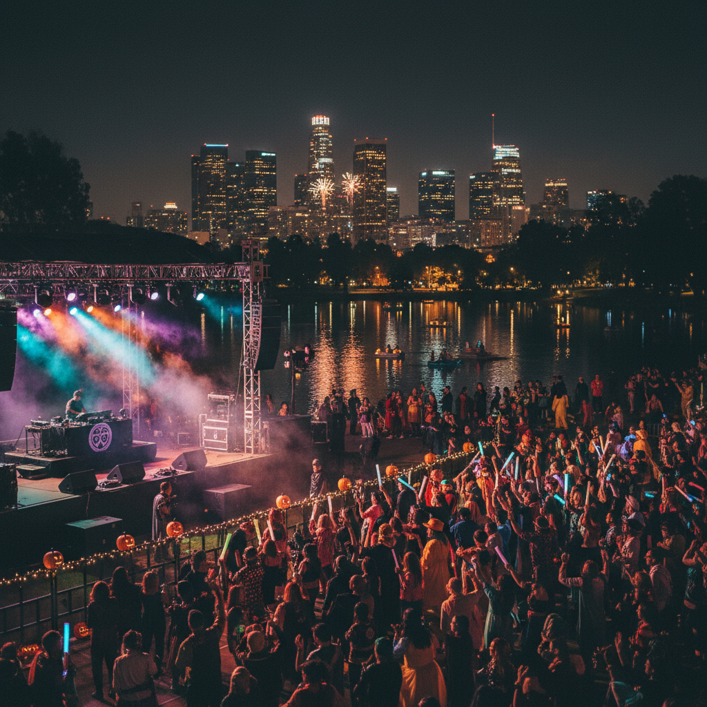 Crowd in Halloween costumes dancing at a lakeside DJ stage with Downtown LA skyline and fireworks at night