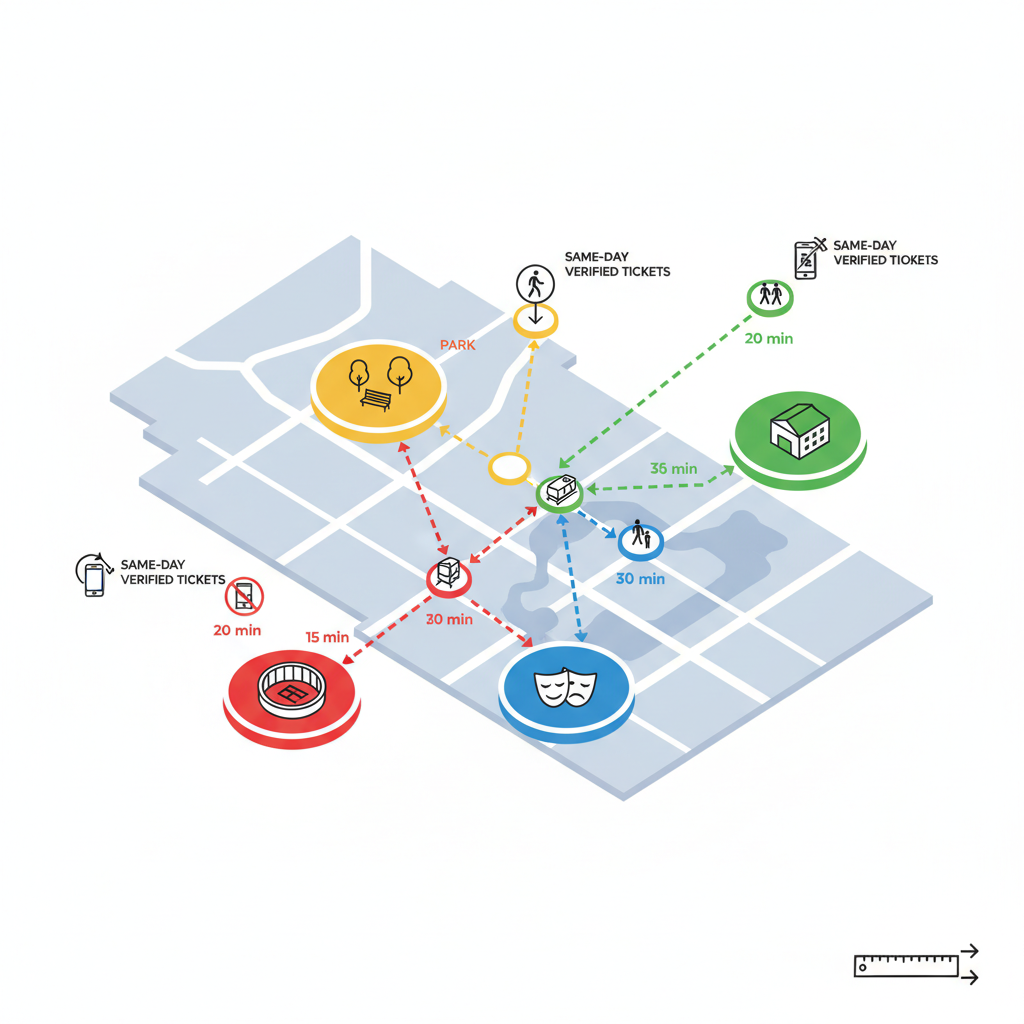 Isometric guide map showing DTLA districts, venue icons, transit lines, and same-day ticket kiosk symbols