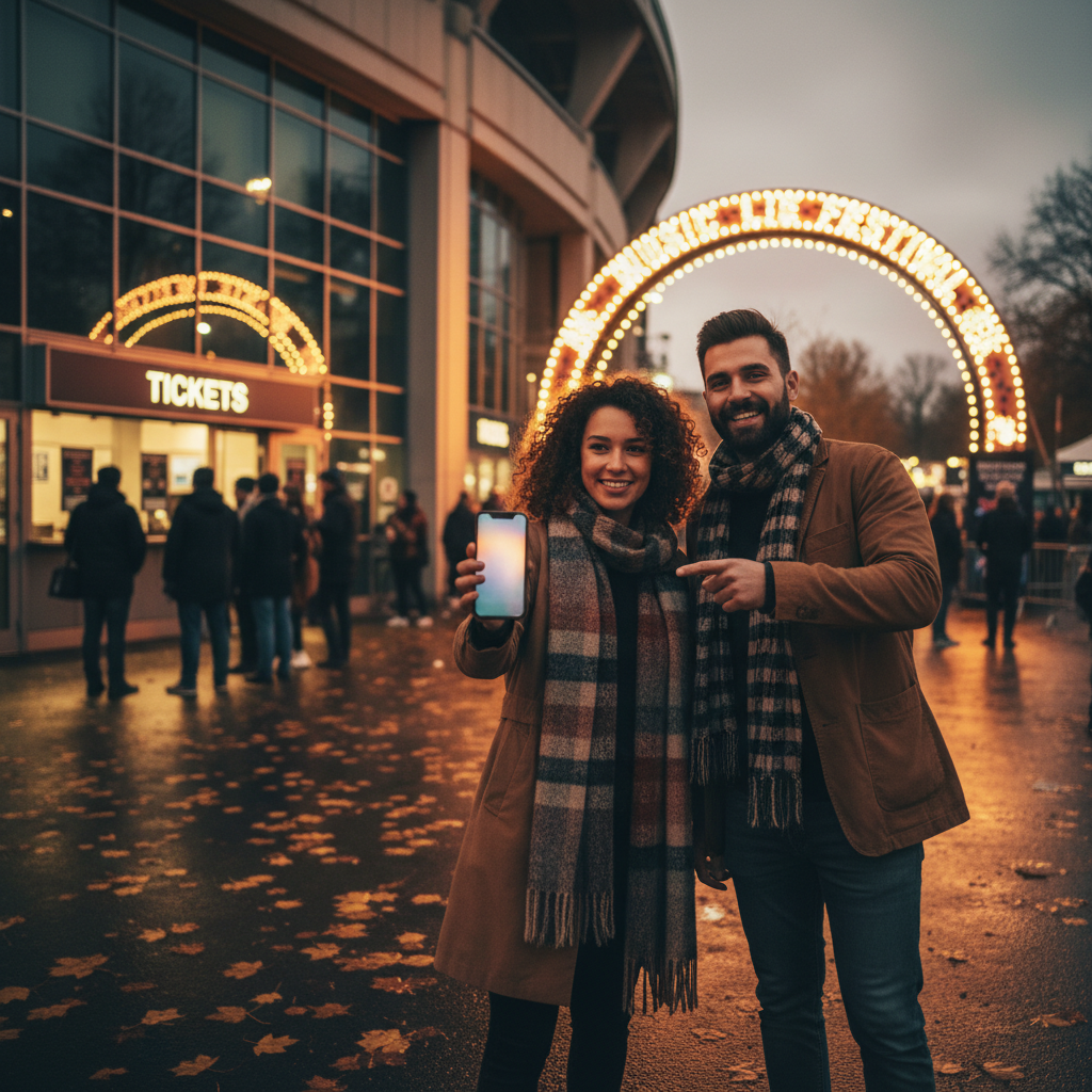 Two fans checking a smartphone for last-minute tickets outside a fall stadium box office at dusk