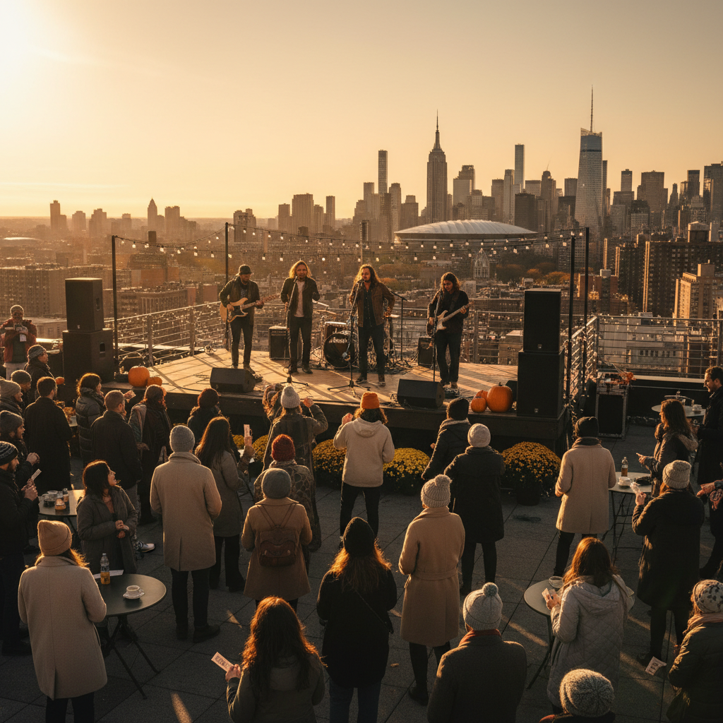 Rooftop concert at sunset in NYC, fans in fall jackets holding tickets, small stage and skyline behind them