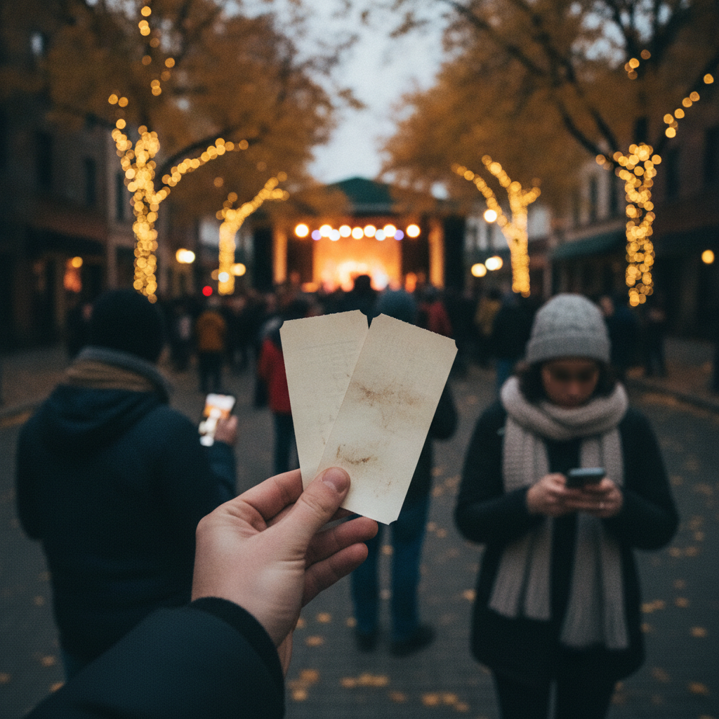 Fan holding two last‑minute concert tickets toward a lit outdoor venue at dusk with fall leaves and crowd.