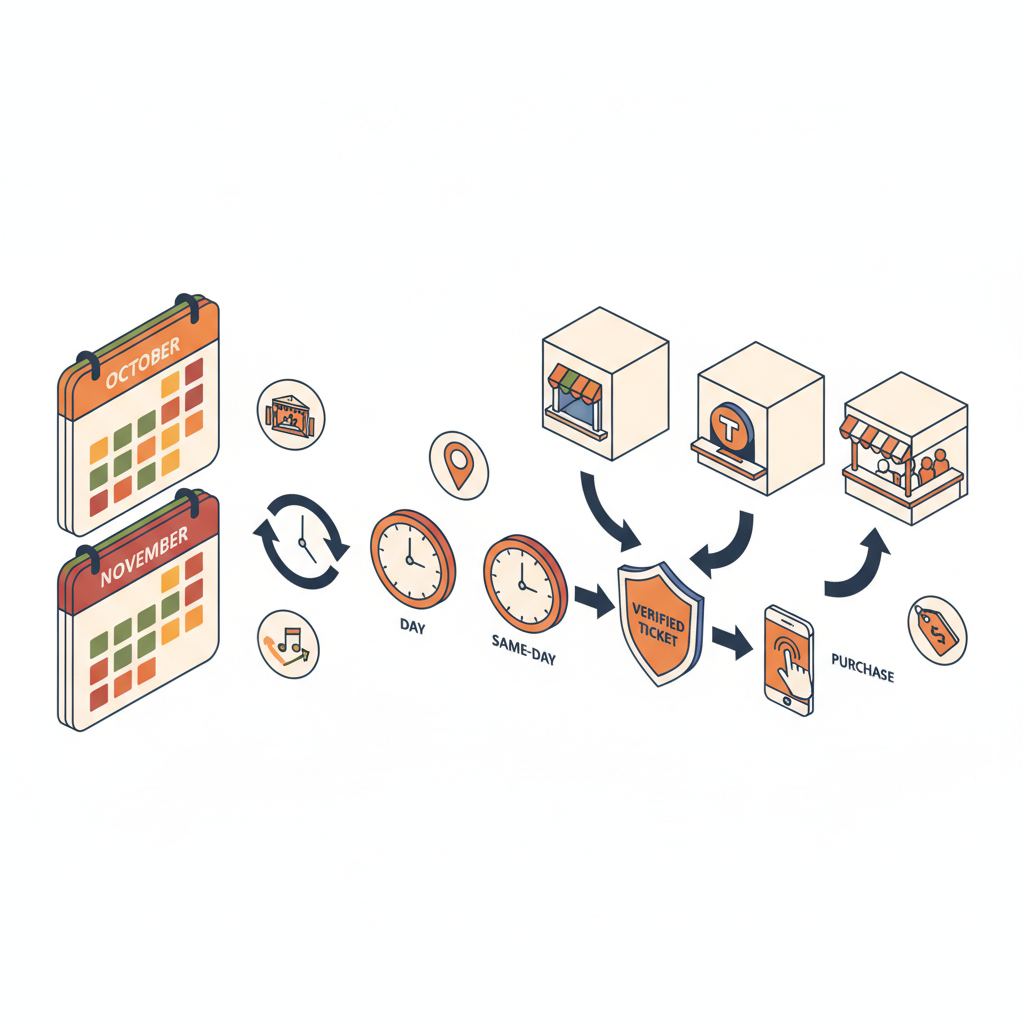 Isometric infographic showing calendars, clocks, seller icons and arrows converging to a verified ticket shield
