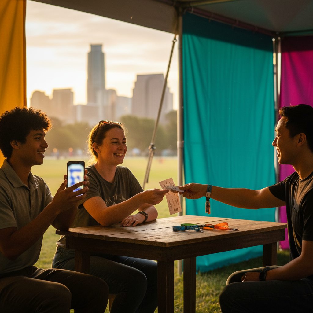 Three fans comparing a phone and printed ticket at a festival box office tent outside Zilker Park at dawn