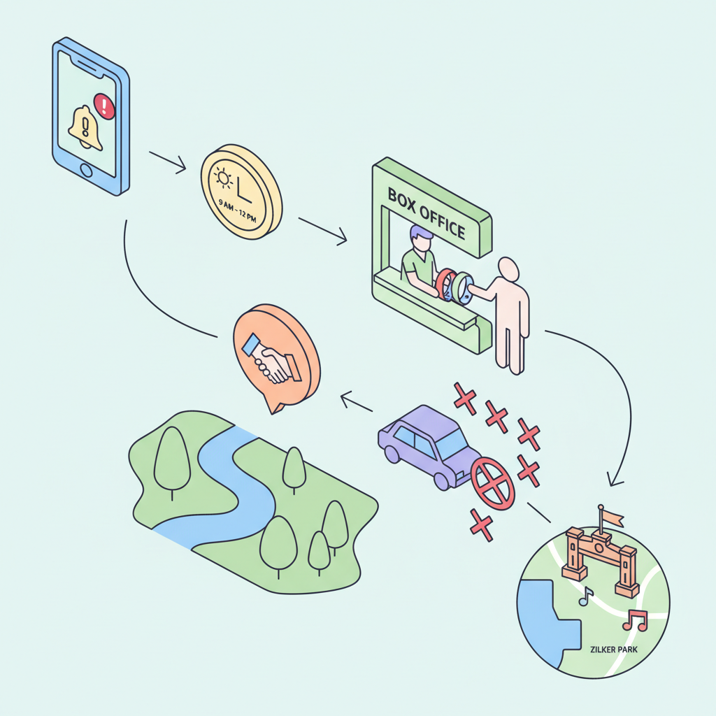 Isometric infographic depicting stepwise actions to secure same‑day ACL tickets near Zilker Park
