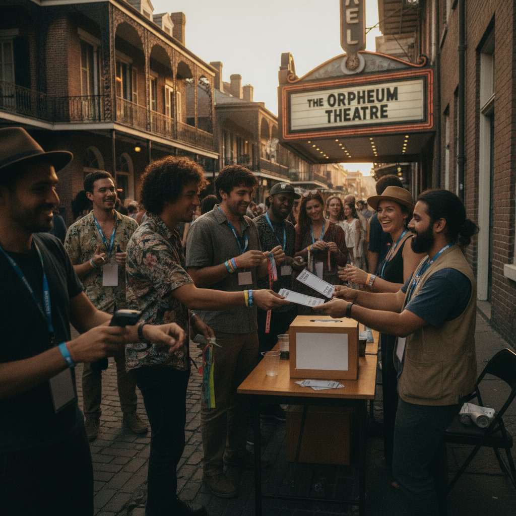 Concertgoers exchanging printed tickets at an outdoor box office table outside a New Orleans theater at dusk