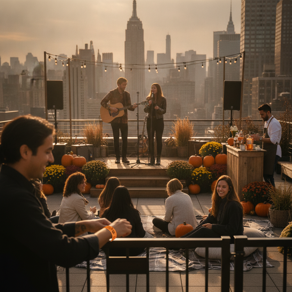 Manhattan rooftop concert at dusk; staff ties a wristband as bundled crowd enjoys skyline view.