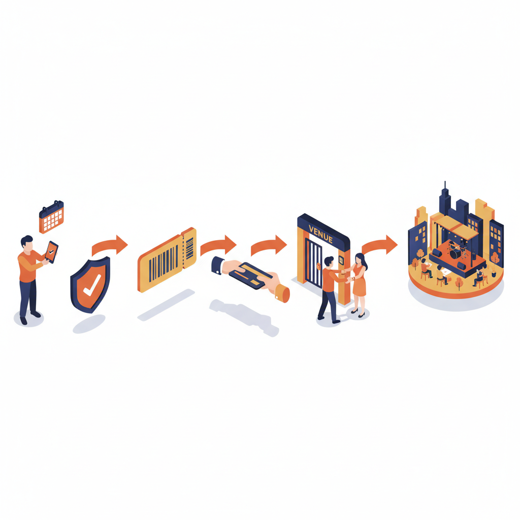 Isometric diagram showing the step flow to secure verified same‑day rooftop tickets in Manhattan using icon nodes.