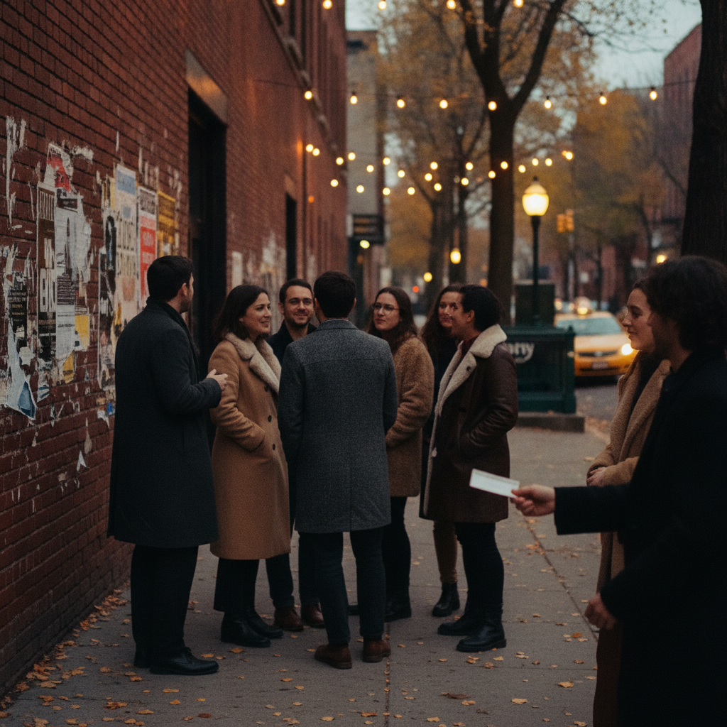 Dusk Williamsburg street: fans in fall coats queue outside a brick music venue as one person hands a small paper ticket