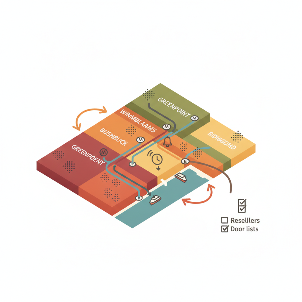 Isometric flat map of north Brooklyn illustrating venue locations, transit routes, and same‑day ticket tactics