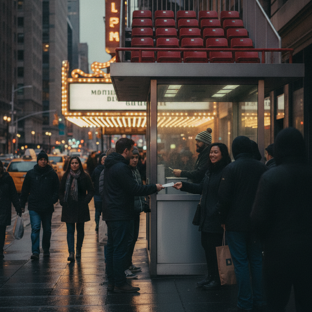 Crowd queuing at an outdoor TKTS-style booth in NYC dusk, people receiving same-day theater tickets
