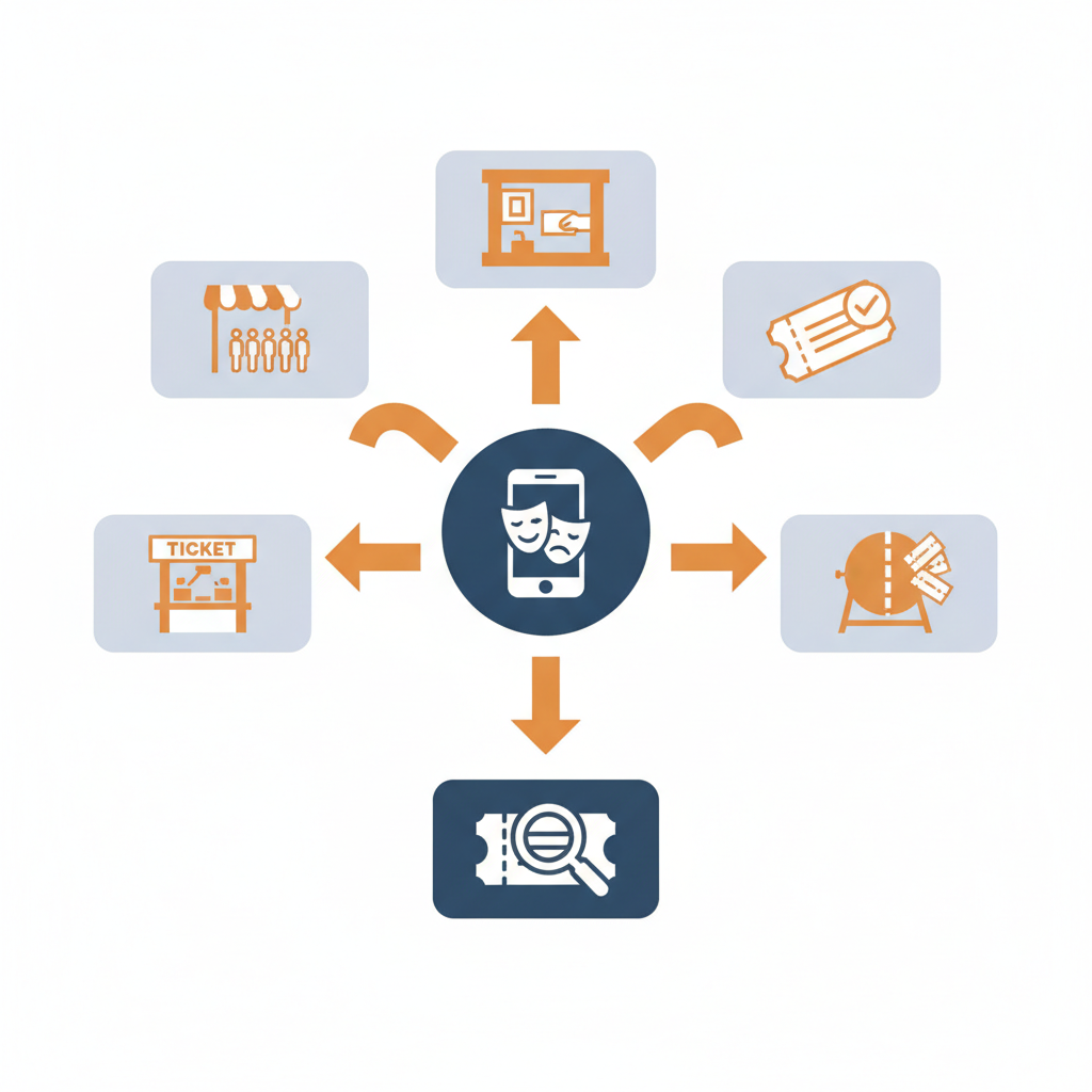 Isometric flow diagram of last-minute ticket routes—booth, box office, apps, lotteries, verification