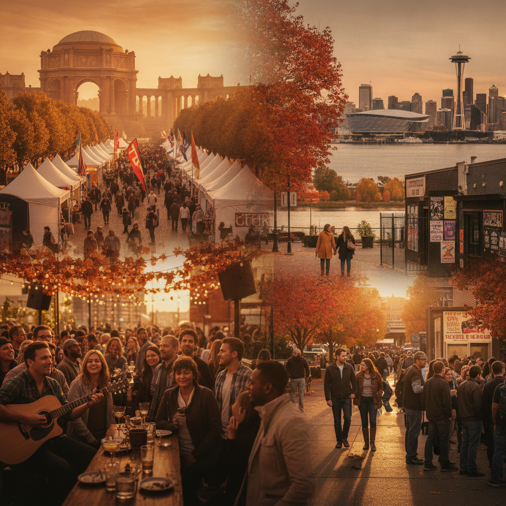 Panoramic West Coast fall scene: LA rooftop crowd, SF street festival, Portland riverfront, and Seattle waterfront fans.