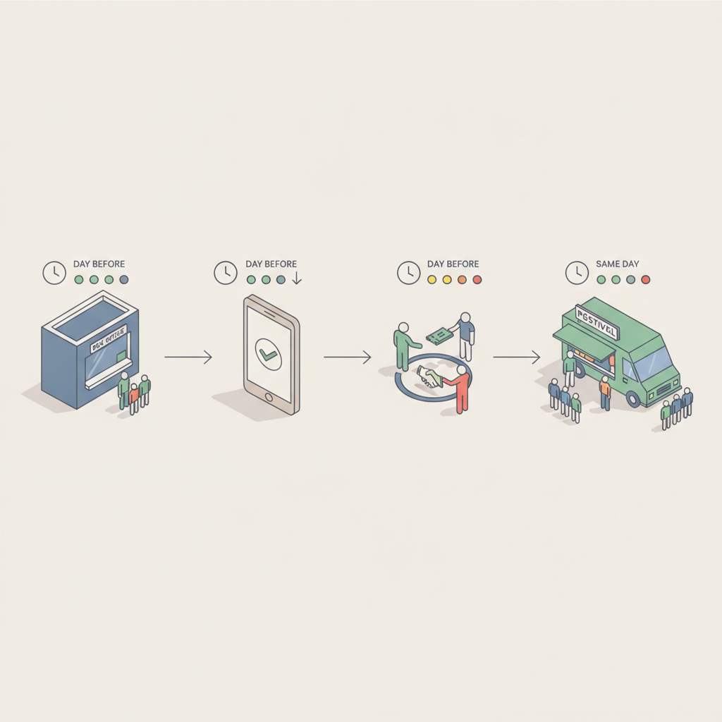 Isometric diagram showing four ticket sources (box office kiosk, verified marketplace device, local seller group, pop-up van)