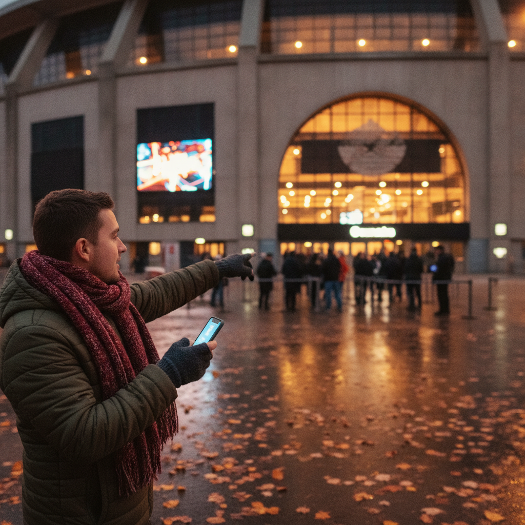 Fan checking phone for same‑day arena tickets outside a lit arena at dusk with autumn leaves and a small entrance line.