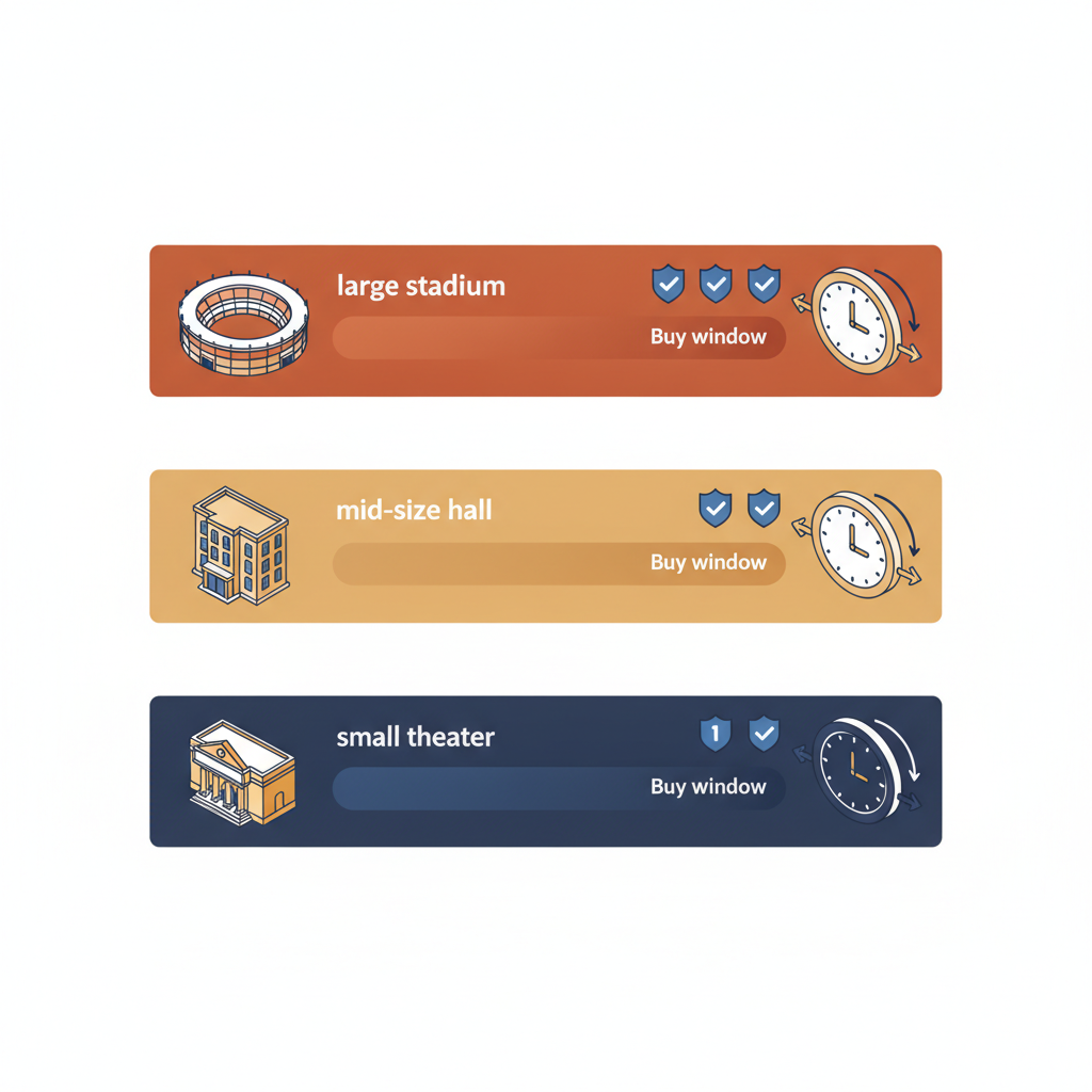 Isometric infographic showing timing windows for stadiums, mid‑size halls, and small theaters with clocks and verified shield