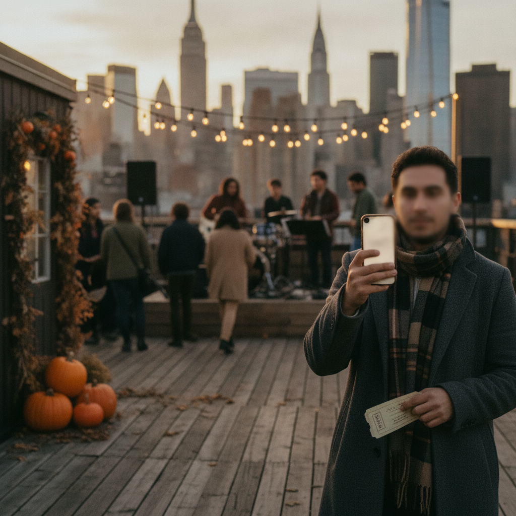 Young concertgoer checks phone on a Manhattan rooftop at dusk, crowd and skyline behind, fall string lights and pumpkins