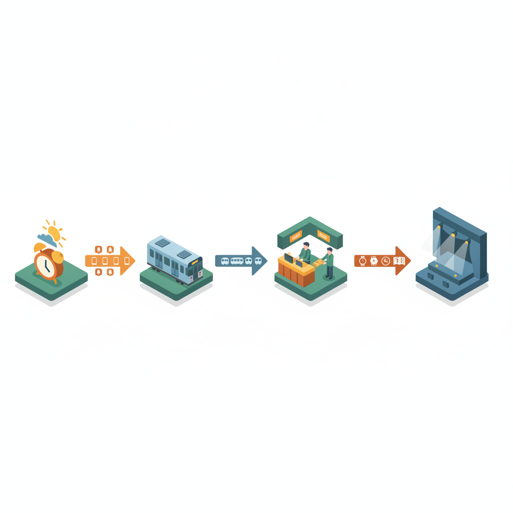Isometric flow diagram showing day-of checklist: alerts, transit, box office pickup, timing, and venue entry in autumn colors