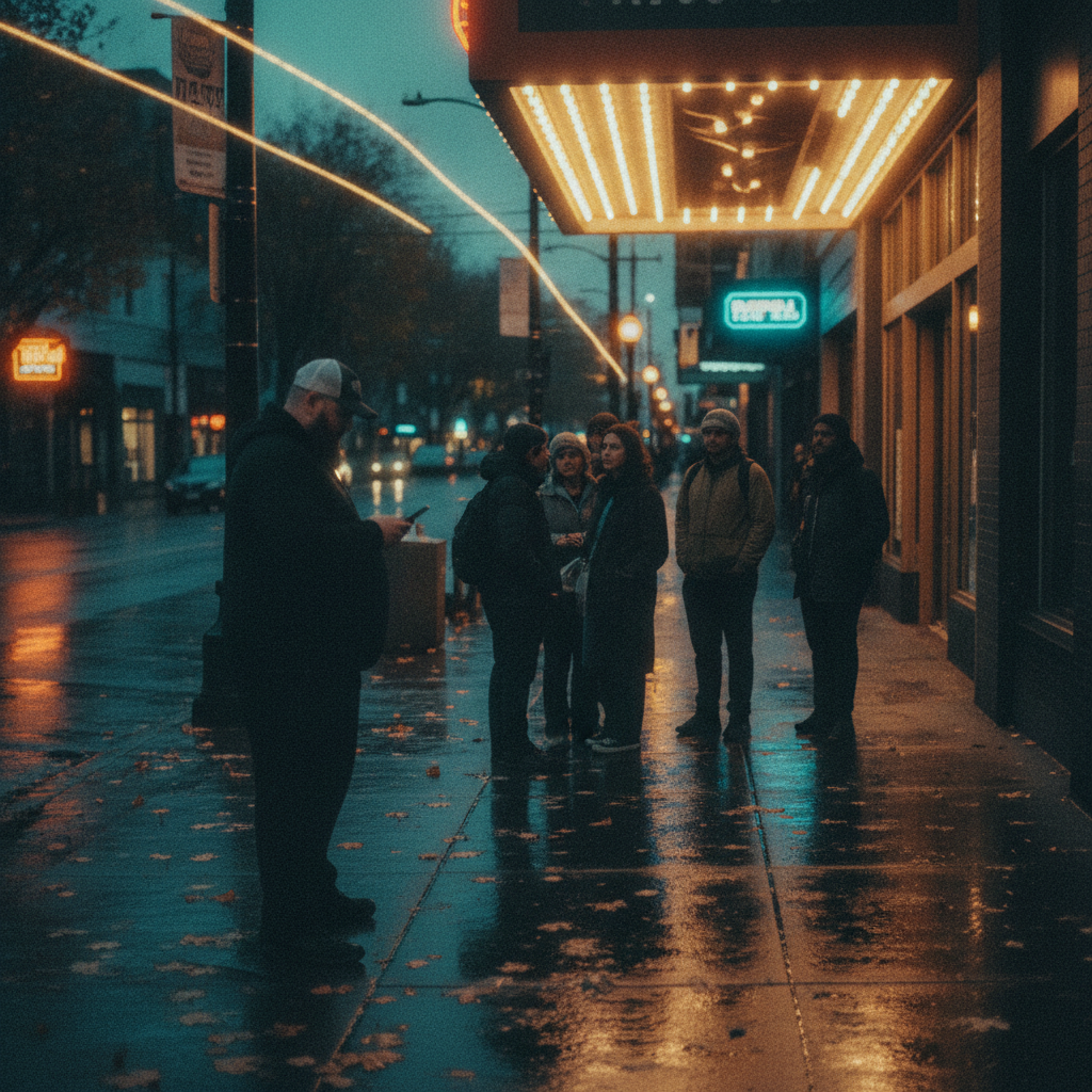 Fans queued under glowing Capitol Hill marquee, checking phones and jackets against drizzle during Seattle fall last‑minute