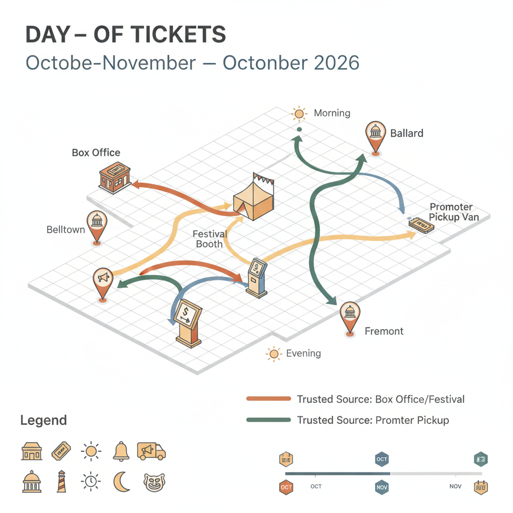 Isometric infographic showing day‑of ticket paths and trusted purchase points across Seattle neighborhoods for same‑day fall