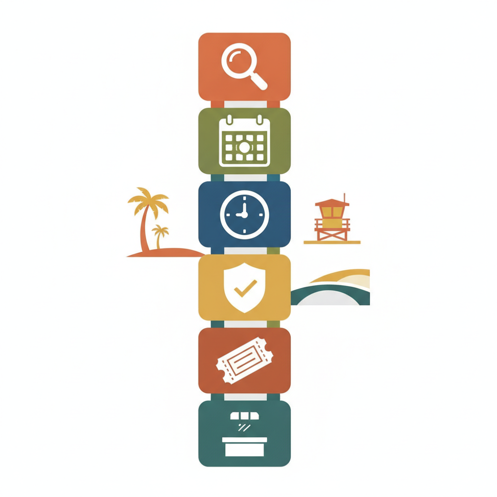 Isometric 6-step checklist infographic with icons for search, calendar, clock, verified shield, ticket and box office, San
