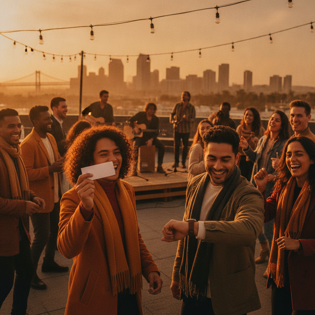 Friends on a San Diego rooftop at sunset watching a small band; one holds a plain ticket, skyline and bridge behind them