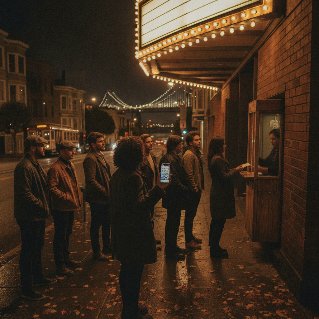 Crowd scanning mobile tickets outside a mid-size San Francisco venue at dusk with Bay Bridge and fall leaves