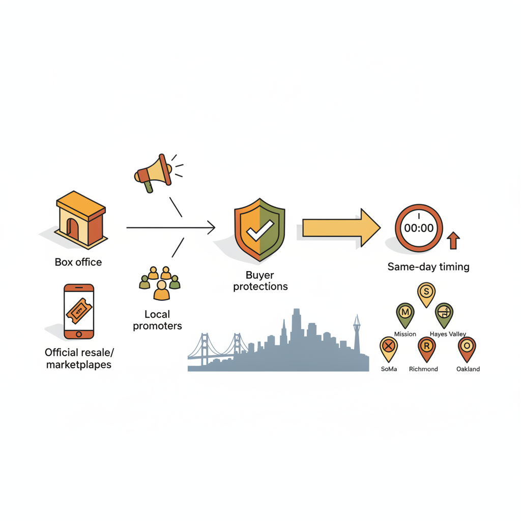 Isometric diagram showing same-day ticket flow with icons for box office, phone resale, promoters, marketplace
