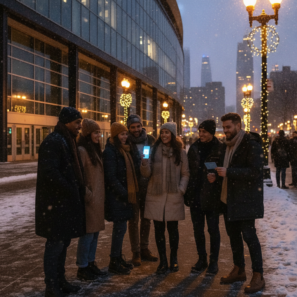 Fans in winter coats checking phones for last-minute concert tickets on a snowy Manhattan sidewalk near a venue