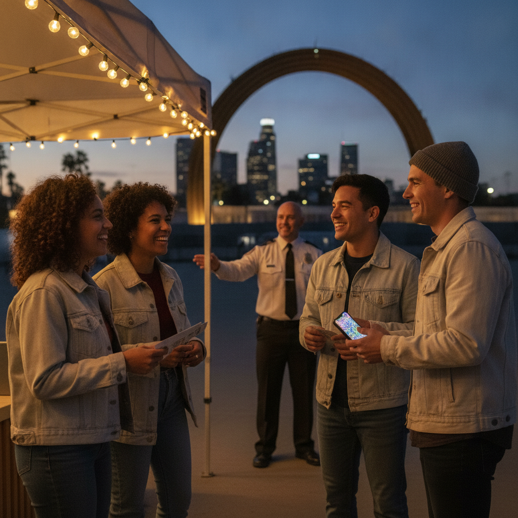 Friends holding last‑minute concert tickets and a glowing phone outside Hollywood Bowl at dusk, holiday lights and crowd