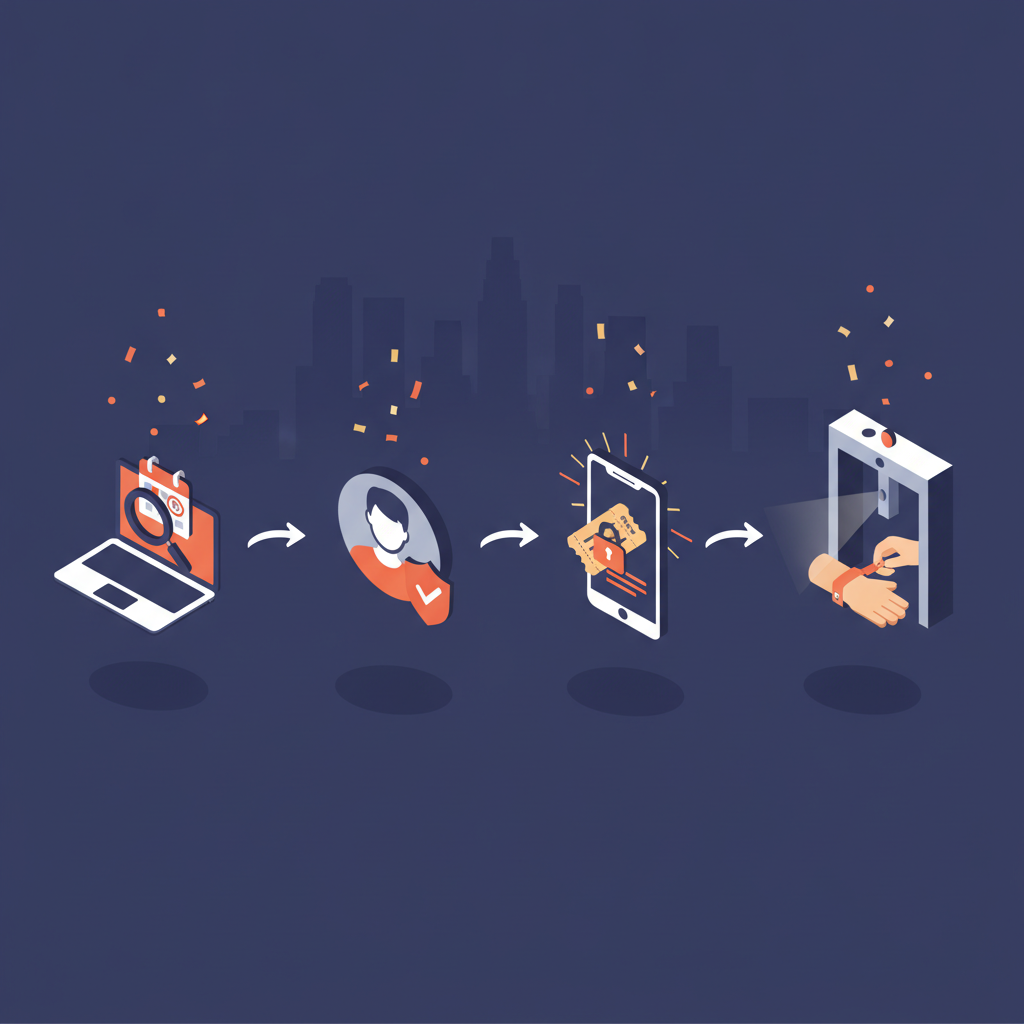 Isometric diagram showing visual steps to secure verified same‑day tickets for December Los Angeles events