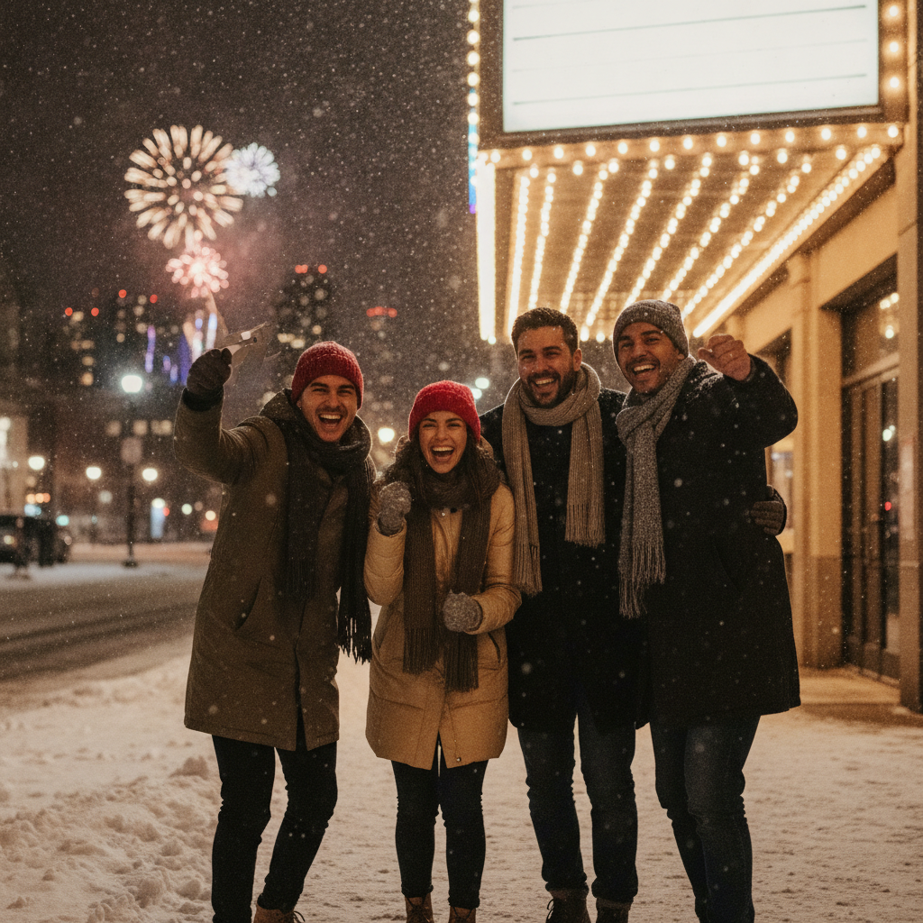 Group of friends checking a paper ticket outside a lit concert venue on a snowy city sidewalk at night