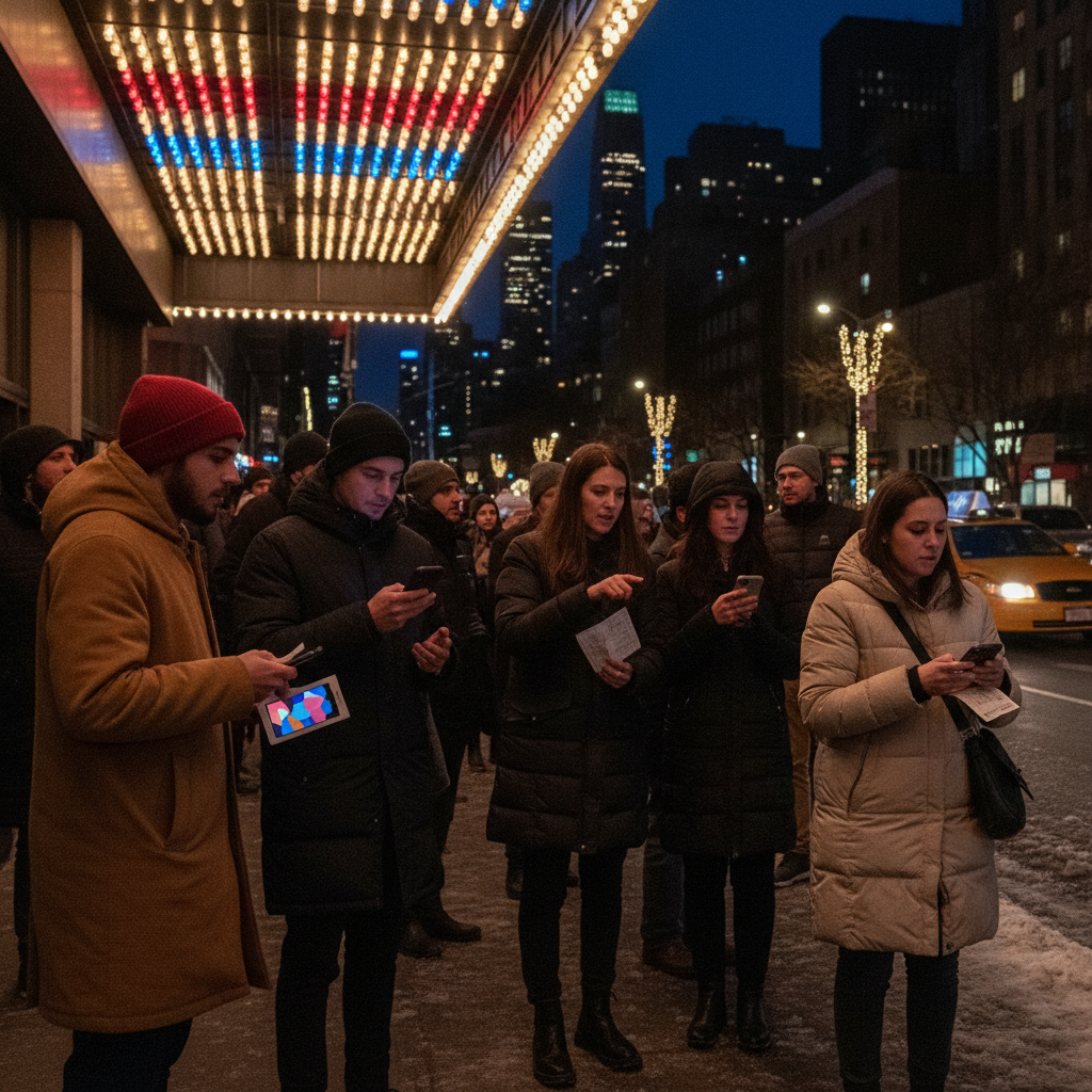 Fans in winter coats checking paper tickets and phones on a crowded NYC street at night, preparing for last‑minute NYE