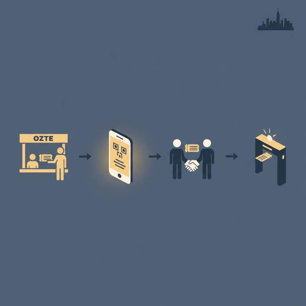 Isometric diagram showing box‑office pickup, mobile transfer, verified resale exchange and paperless entry icons linked