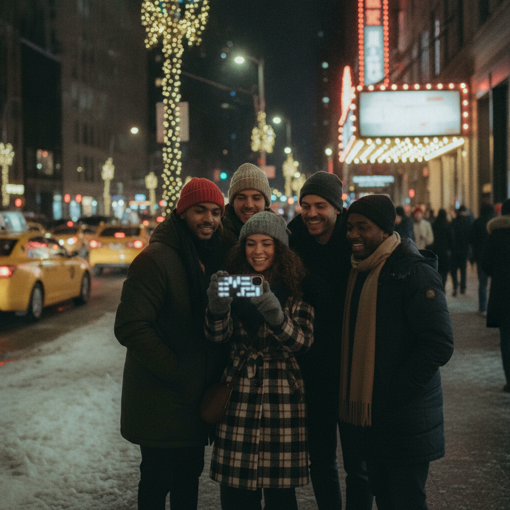 Friends checking last-minute e‑tickets on a phone outside NYC theaters at night, snowy holiday crowd.