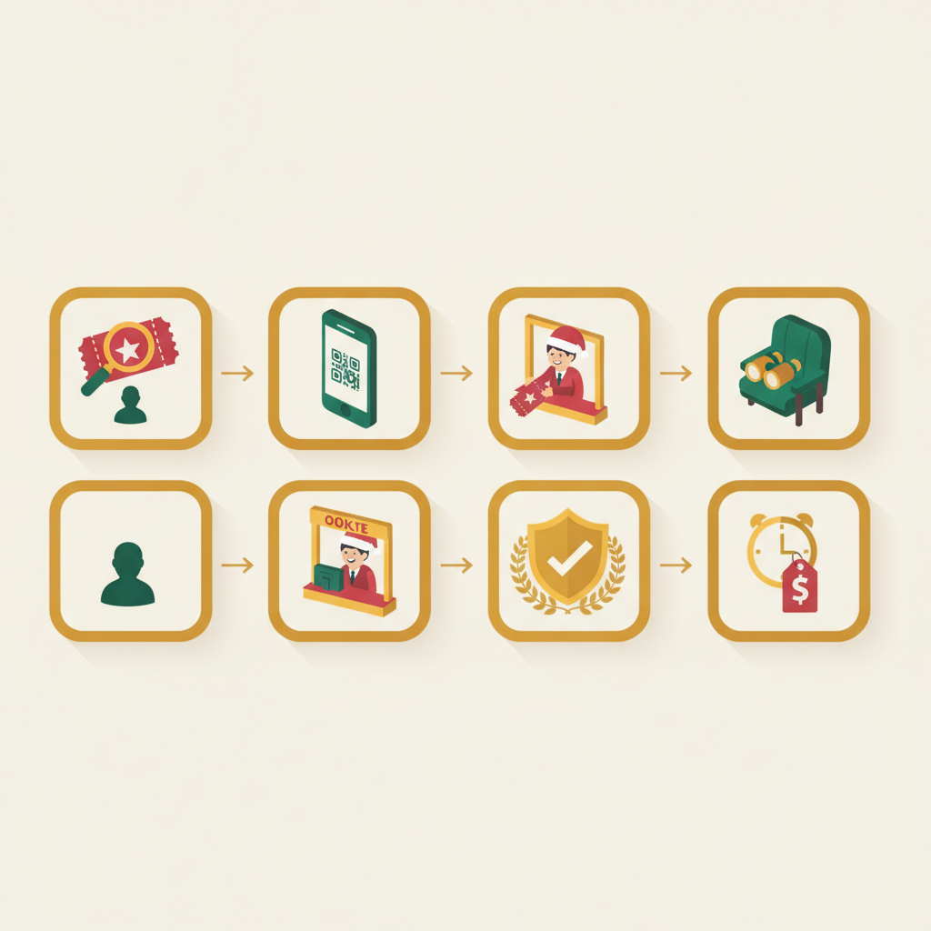 Flat isometric checklist diagram with icons showing steps to verify and buy last‑minute holiday tickets in NYC.