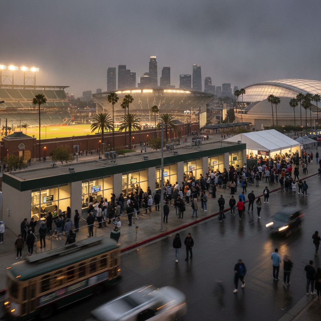 Fans queuing at a Los Angeles stadium box office at dusk, checking phones and buying same‑day tickets.