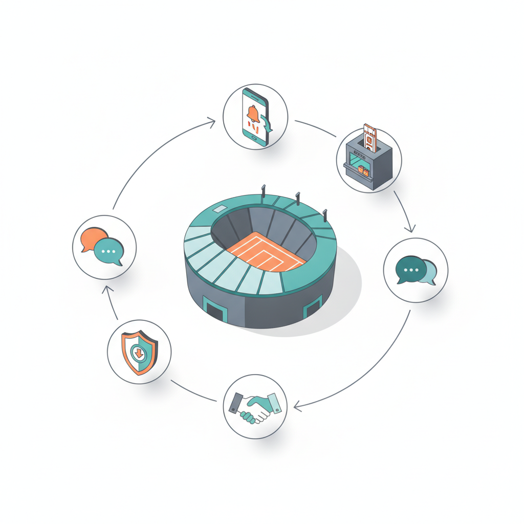 Isometric diagram showing five same‑day ticket tactics arranged around a stylized stadium icon for LA fans.