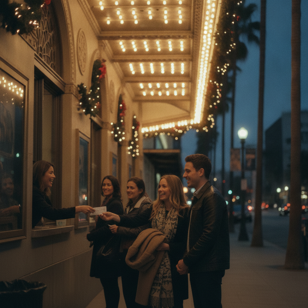 Couple collecting same‑day holiday theater tickets at a decorated Los Angeles theater box office at night