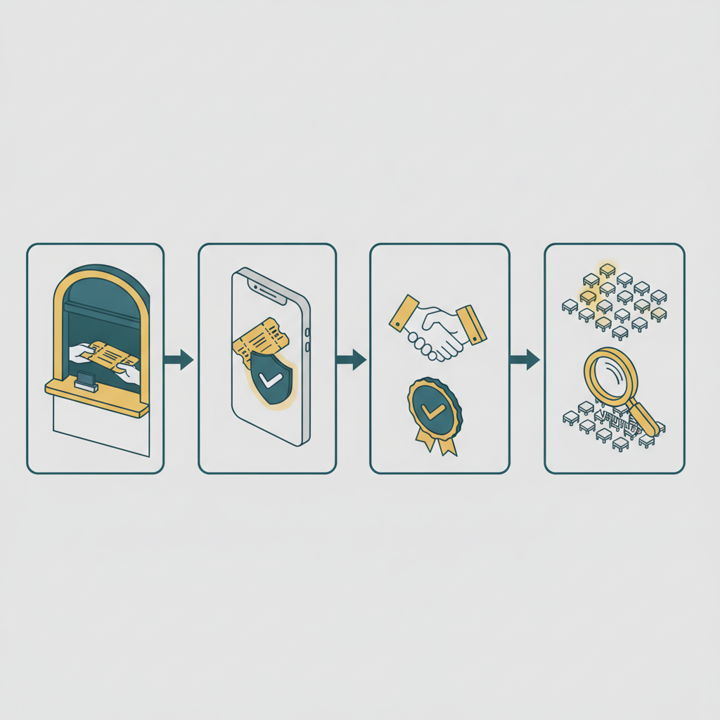Isometric four‑step diagram illustrating visual checks to verify same‑day holiday show tickets in Los Angeles