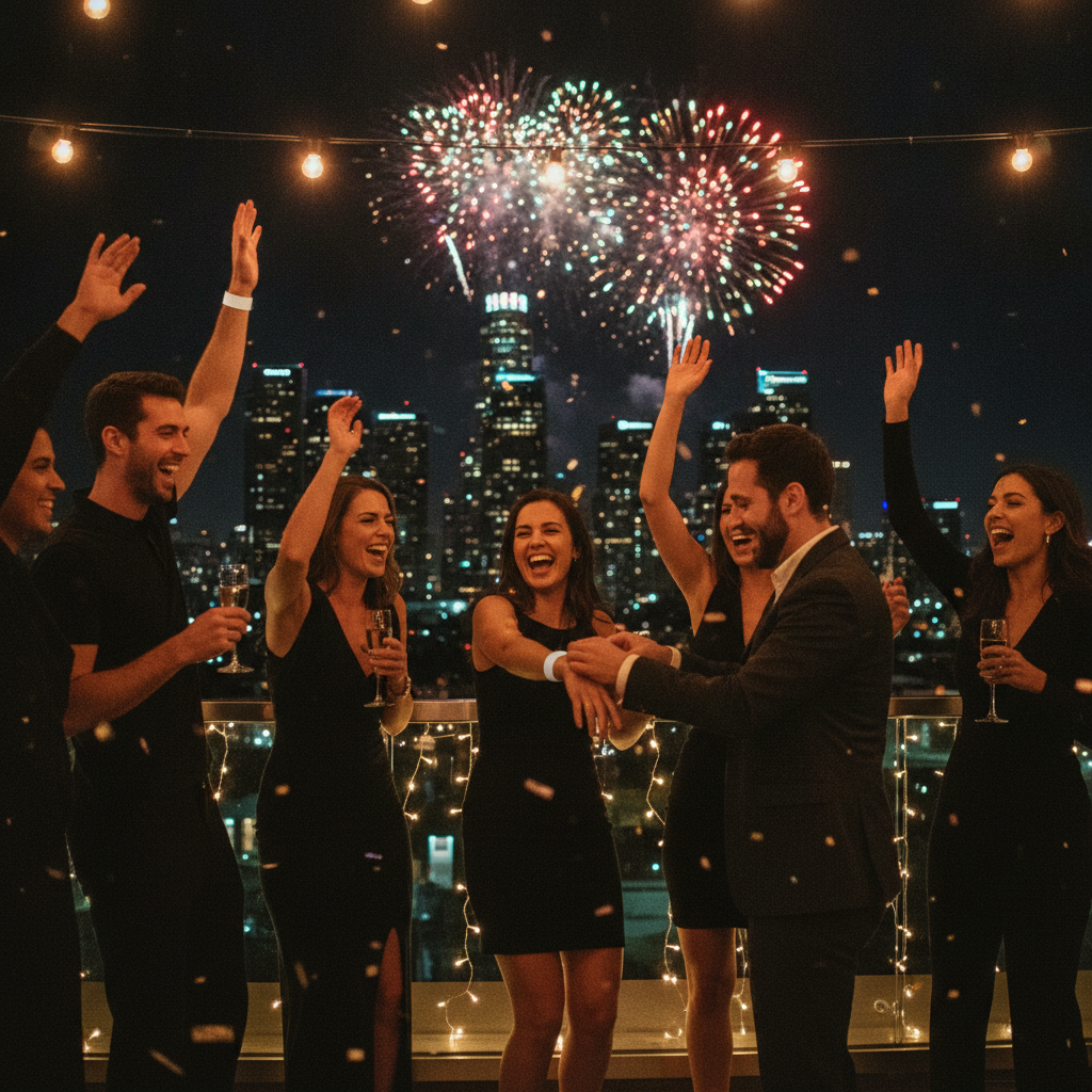 Diverse rooftop crowd cheering with fireworks over downtown LA as a host fastens a wristband on a guest