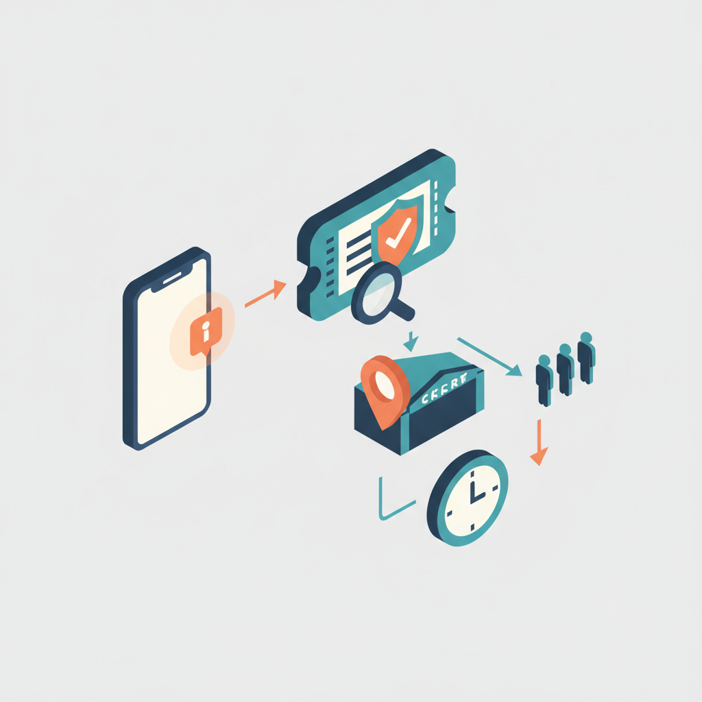 Isometric infographic flow showing notification to verified ticket check, map pin to venue, and clock striking midnight