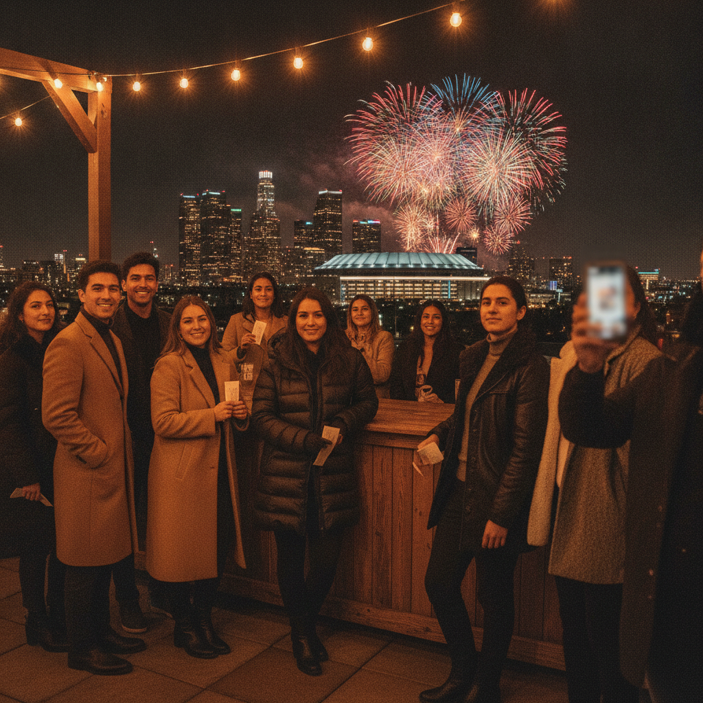 Diverse crowd on an LA rooftop watching fireworks over a lit arena, some holding last-minute paper tickets.