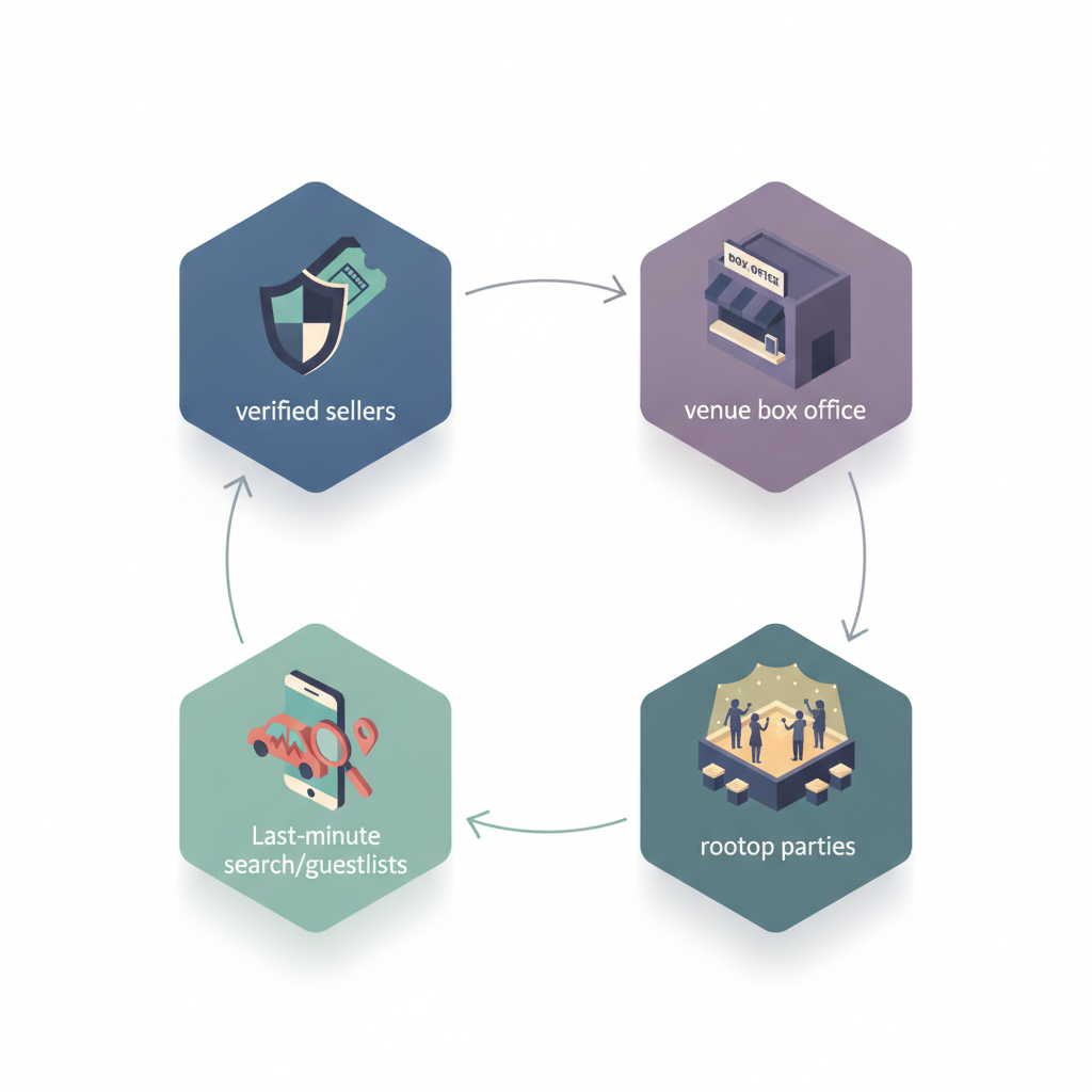 Isometric diagram showing pictogram tiles for verified ticket sources, rooftop parties and transit tactics for NYE in LA.
