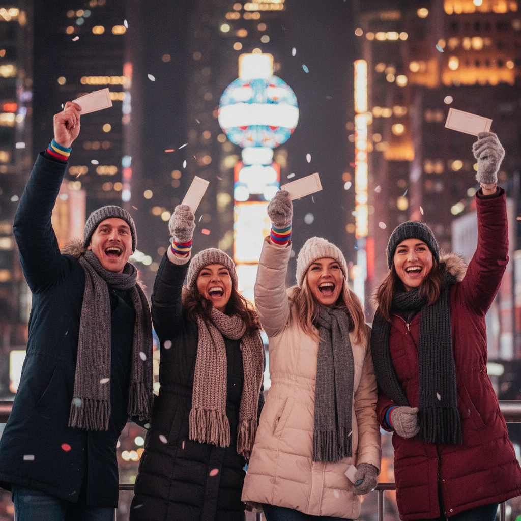 Friends in winter coats holding plain ticket stubs and wristbands, cheering near the NYC ball drop at night