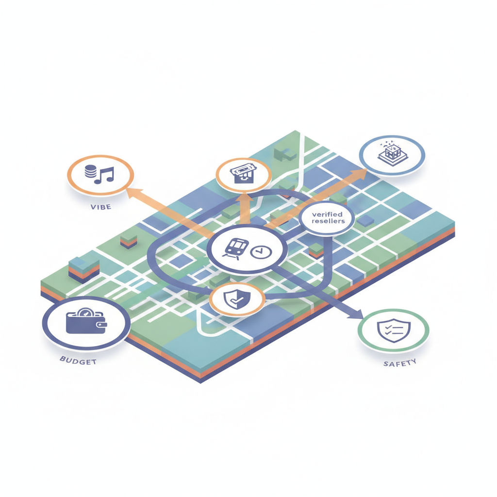 Isometric diagram of a decision flow with budget, vibe, ticket channels, transit timing and safety icons for NYE tickets